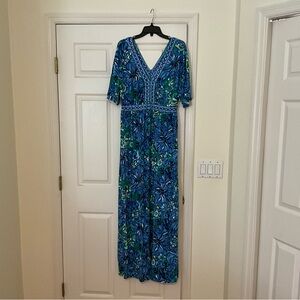 Lilly Pulitzer Blue Ruched Maxi Dress V-Neck Resort Style